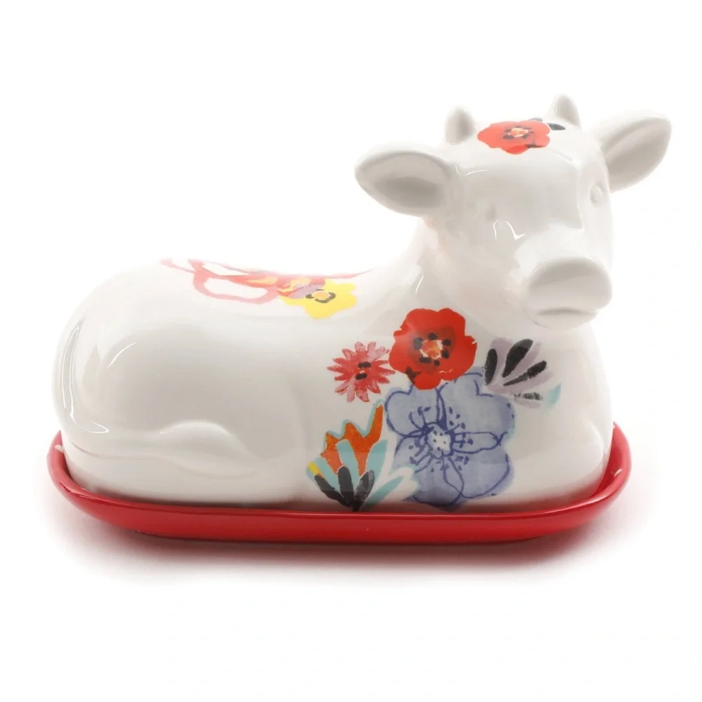 The Pioneer Woman Flea Market Red Decorated 6.5" Cow Butter Dish NEW - Picture 2 of 5